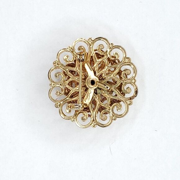 Vintage Coro Filagree Floral Brooch Pink Rhinestone Goldtone 1 3/8" - Picture 3 of 3